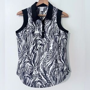 Chicos Zenergy Women Size 1 (8/10) Black & White Sleeveless Snap Polo Shirt Golf